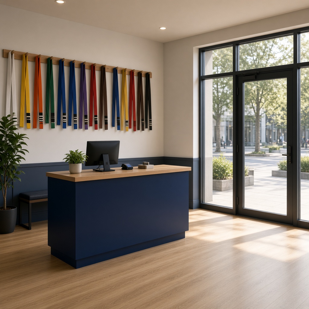 Martial arts studio lobby and belt wall — DojoTrack on Instagram