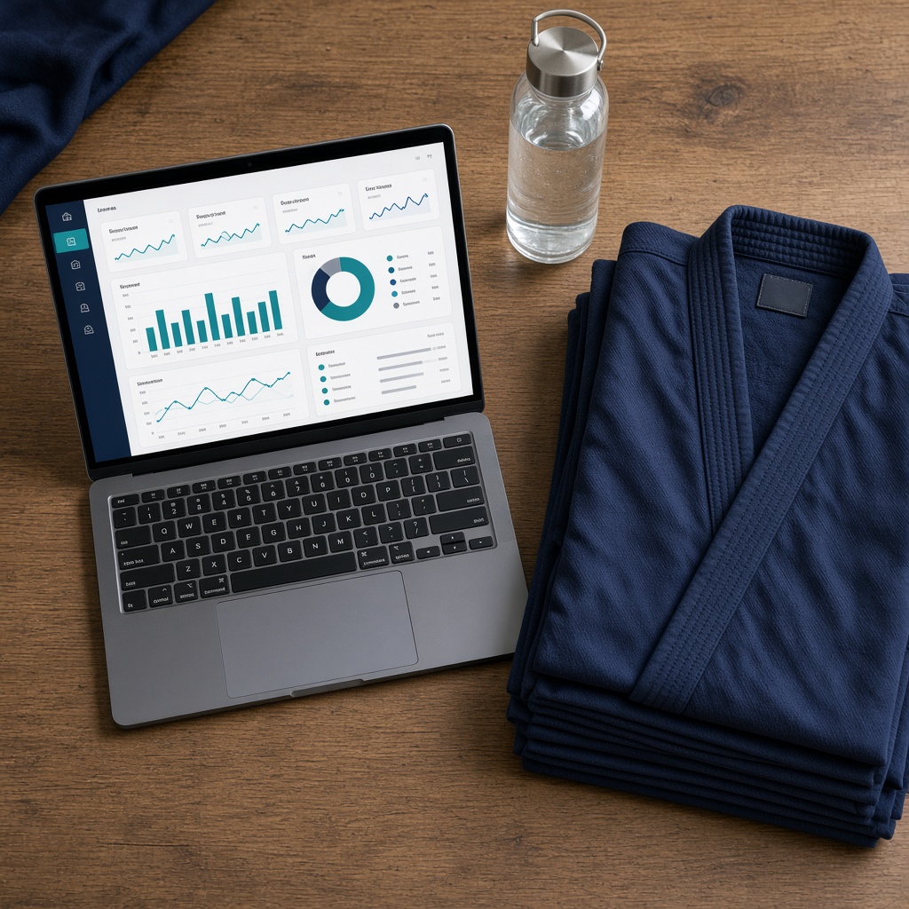 DojoTrack studio software on a laptop beside a folded uniform — Instagram