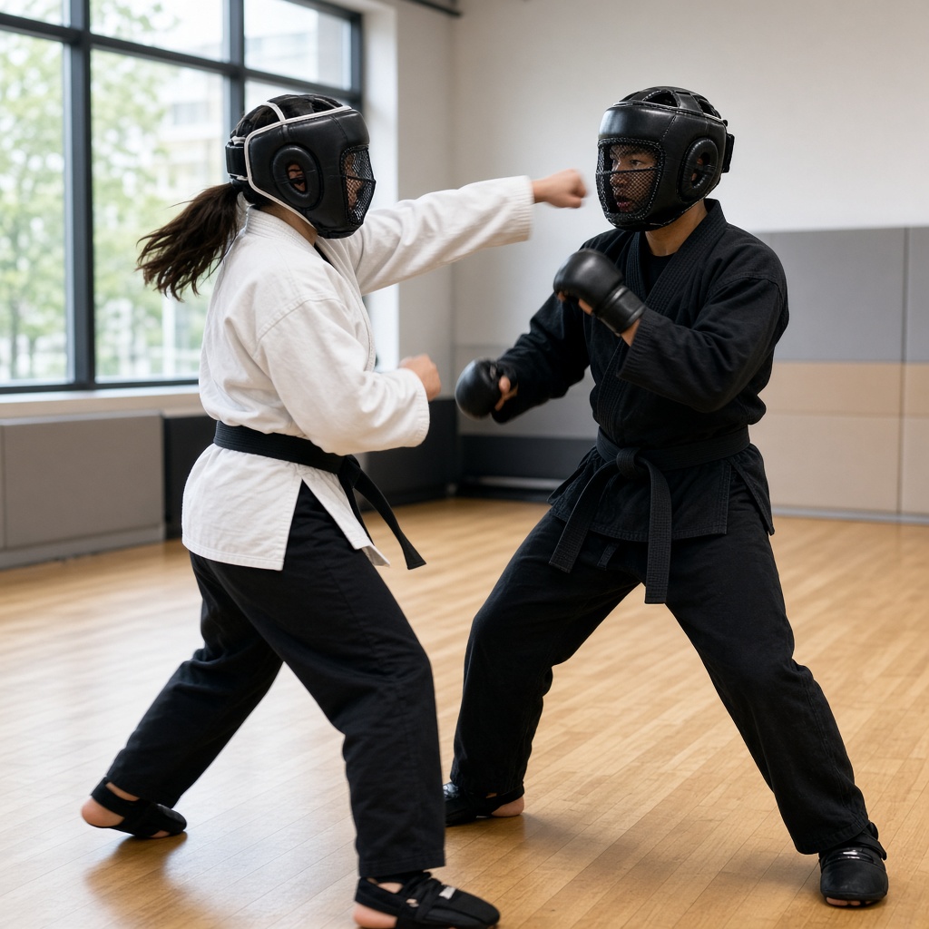 Two martial artists sparring in a bright gym — DojoTrack on Instagram