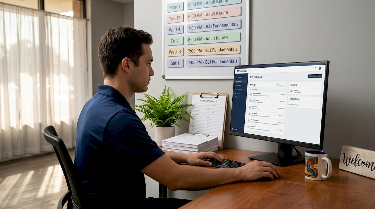 Receptionist managing SMS follow-up at martial arts studio