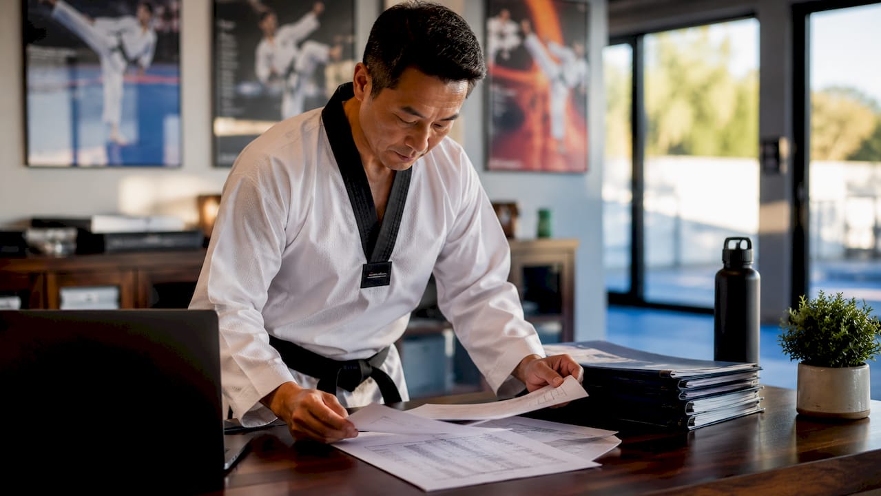 Taekwondo instructor reviewing AI data at desk
