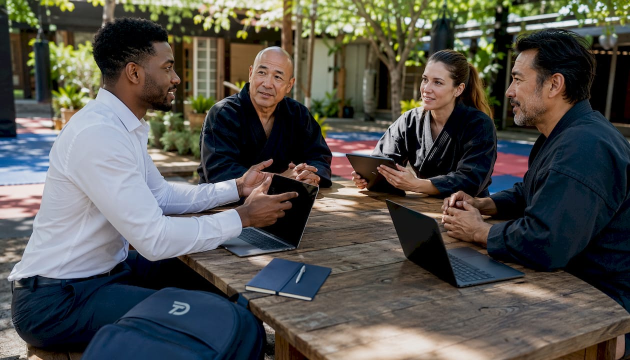 Consultant discussing martial arts software with instructors