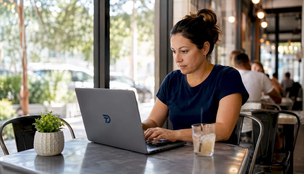 Owner setting up automated SMS workflow on laptop