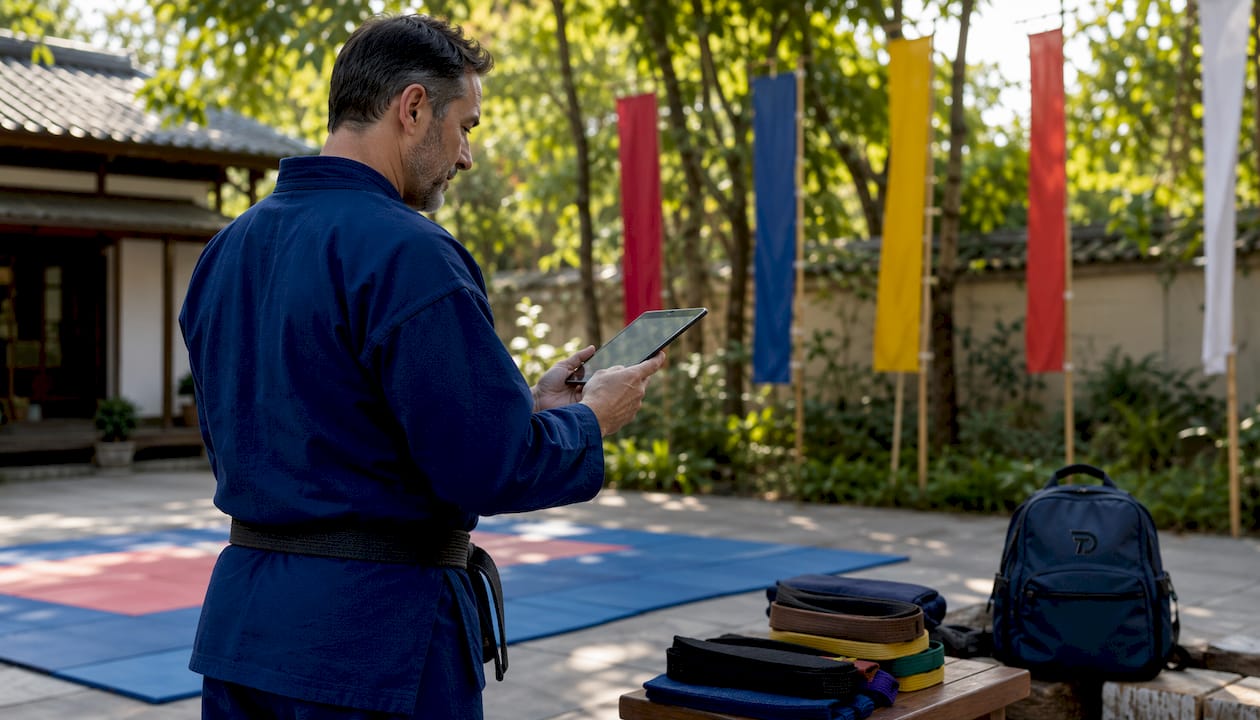 Instructor capturing attendance digitally in dojo