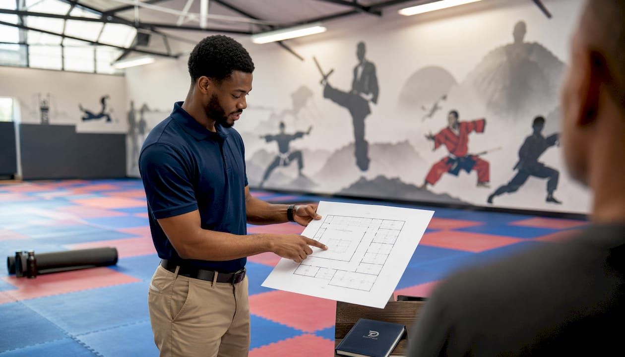 Instructor examining studio floor plan