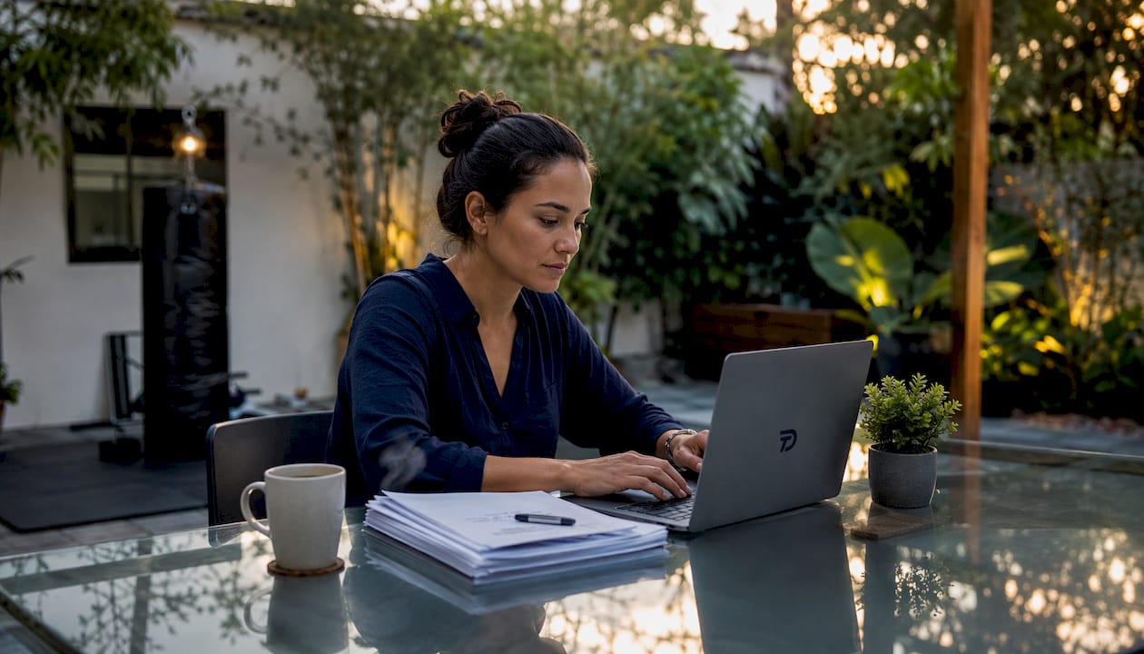 Dojo owner reviewing payment software reports in office