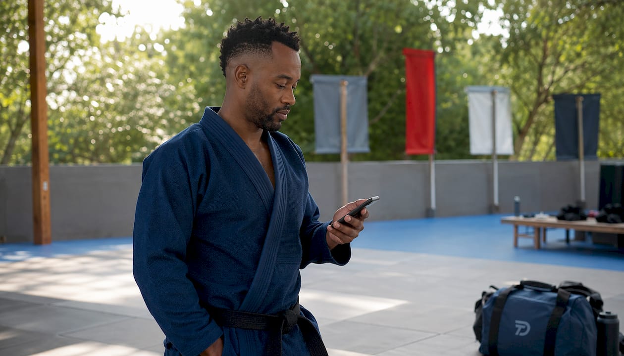 Instructor checking automated payment notifications on phone