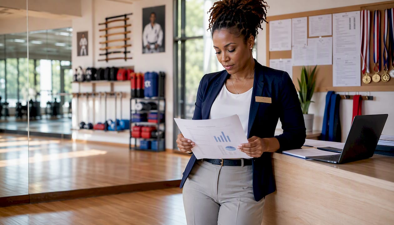 Karate school manager reviewing attendance reports
