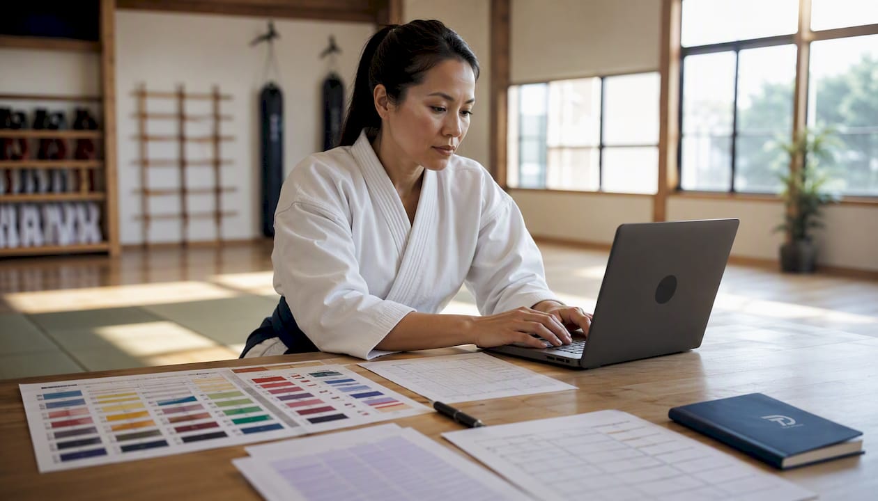 Hands on laptop managing martial arts grading
