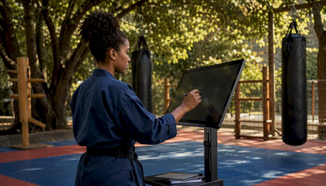 Instructor using martial arts software touchscreen