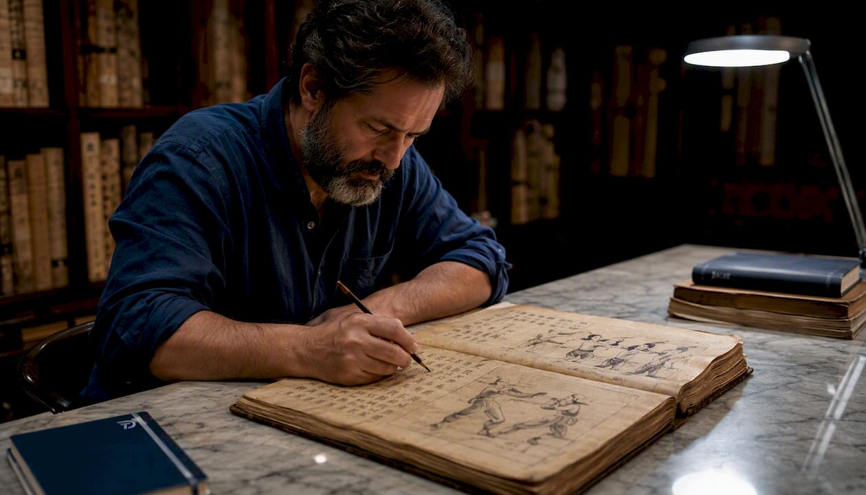 Man studying ancient martial arts manuscript