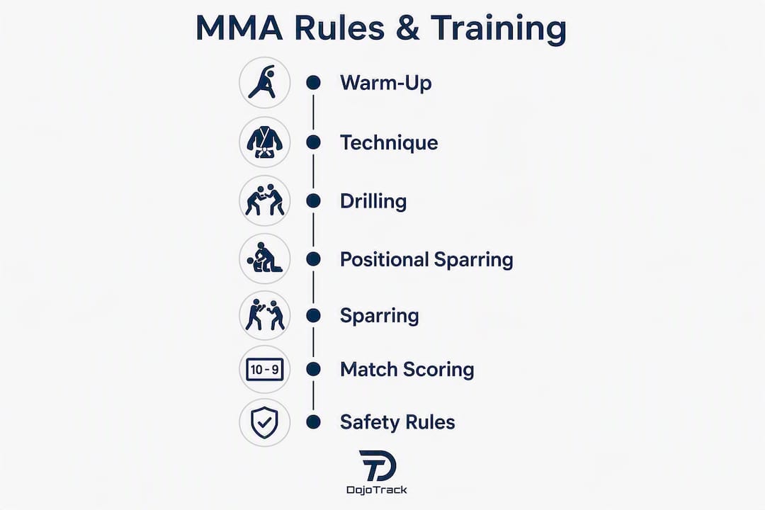 Infographic showing MMA rules and training steps
