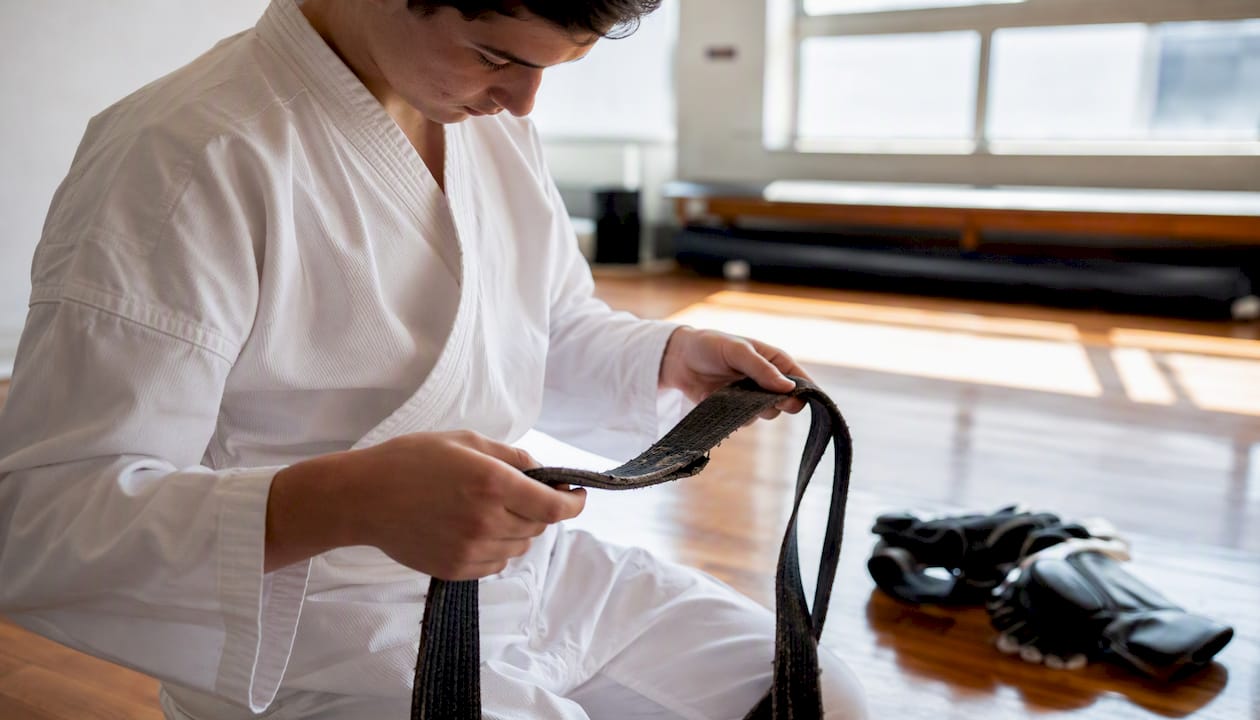 Student preparing martial arts belt indoors