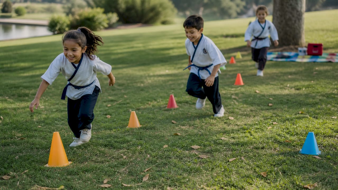 Kids playing ninja obstacle drills outside