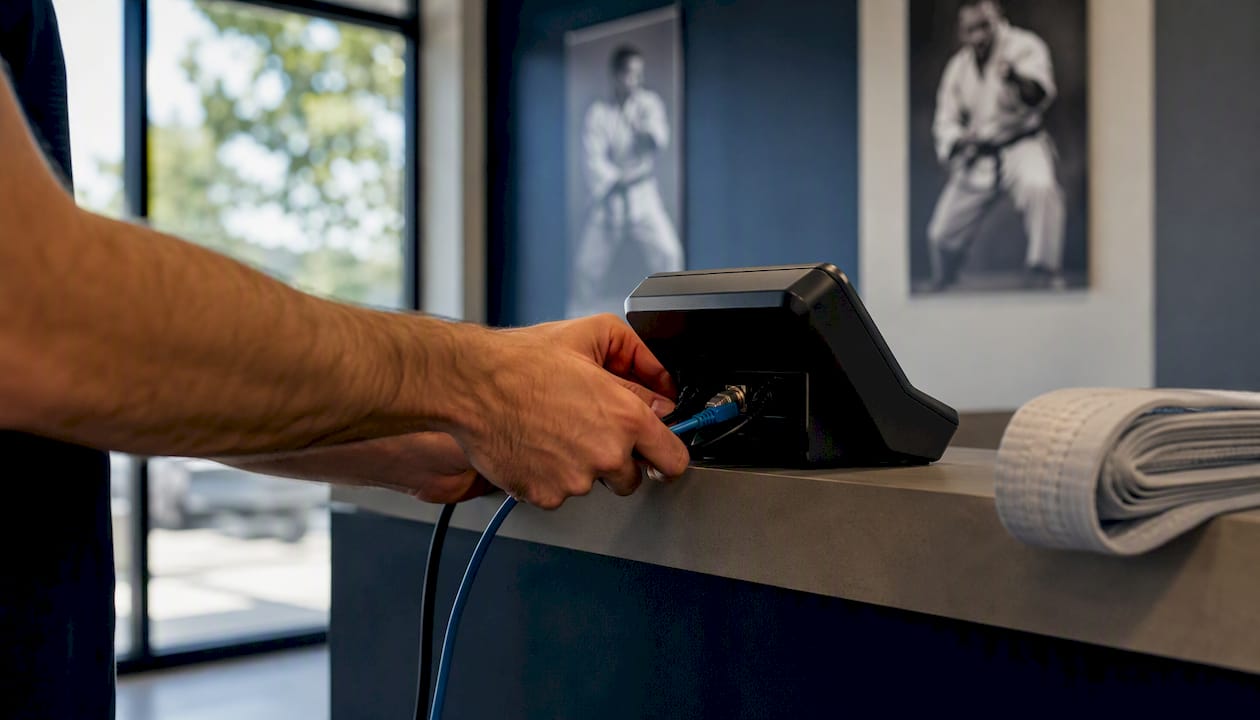 Hands plugging in POS terminal cables