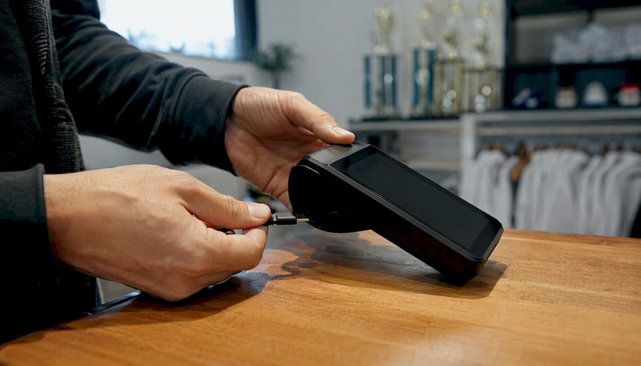 Hands connecting secure payment terminal cable