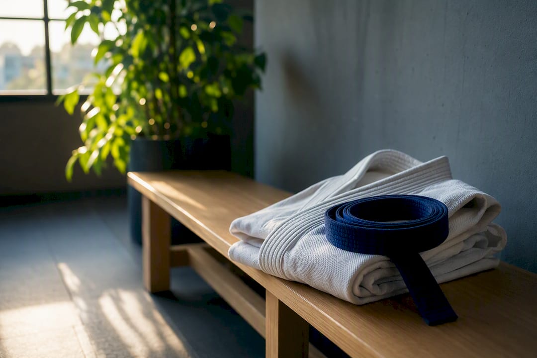 Folded gi and belt on dojo bench