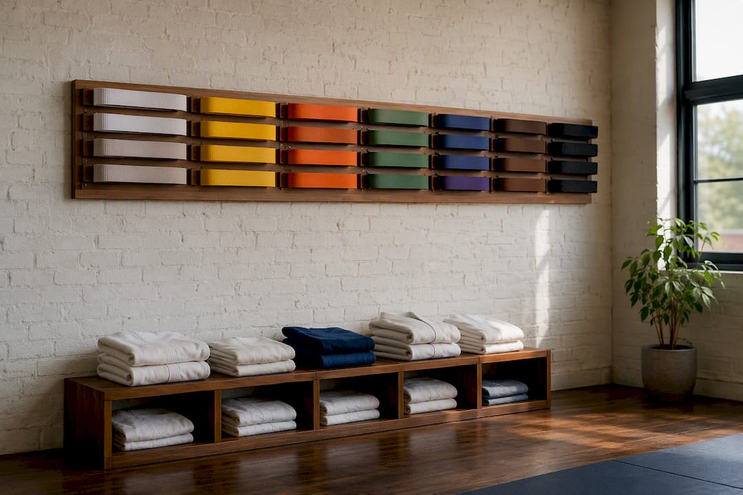 Martial arts belt display with folded gis