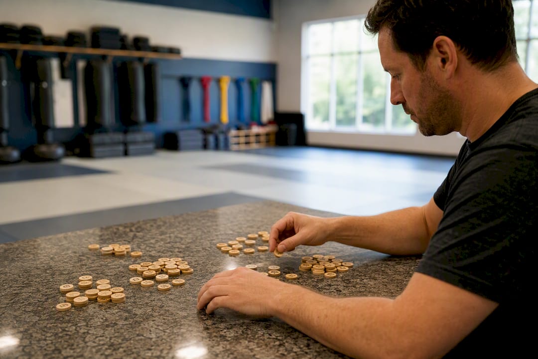 Hands sorting review tokens by category