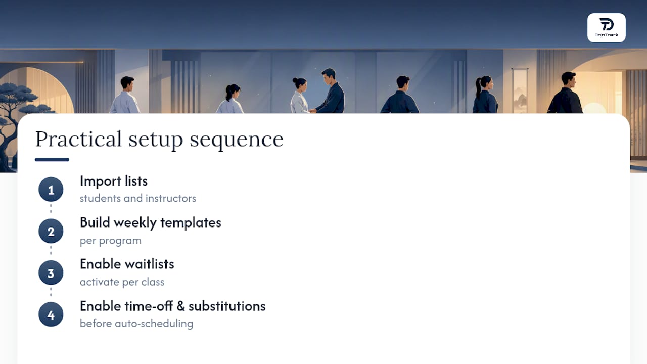 Four-step dojo scheduling setup sequence