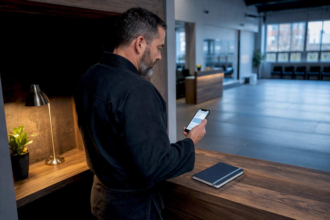 Studio owner sending an SMS follow-up