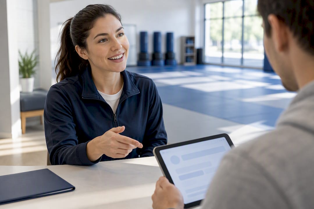 Front desk confirming a dojo trial lead source