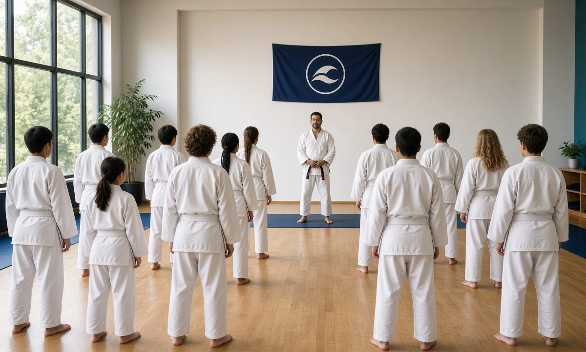 Martial arts class lining up on the dojo floor — DojoTrack blog