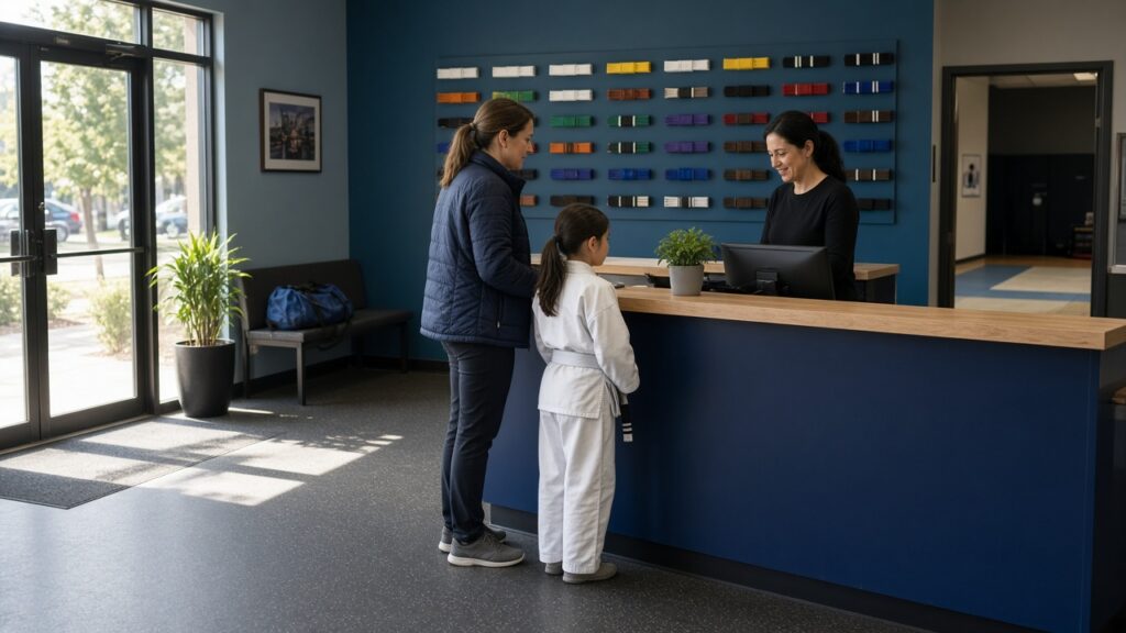 Families arriving at a martial arts studio lobby — DojoTrack blog