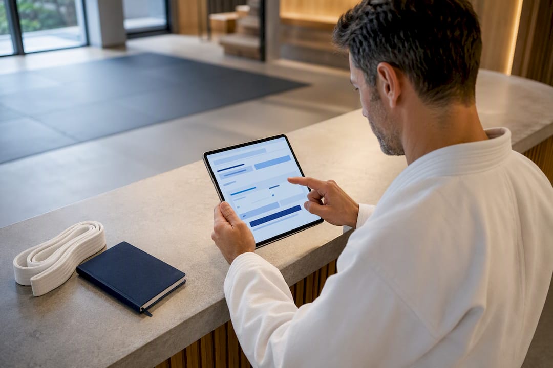 Studio owner reviewing compliant trial signup workflow