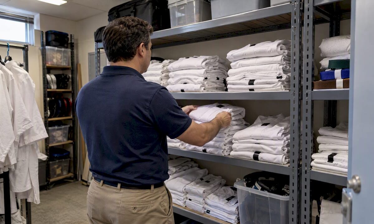 Studio manager checking martial arts uniform stock