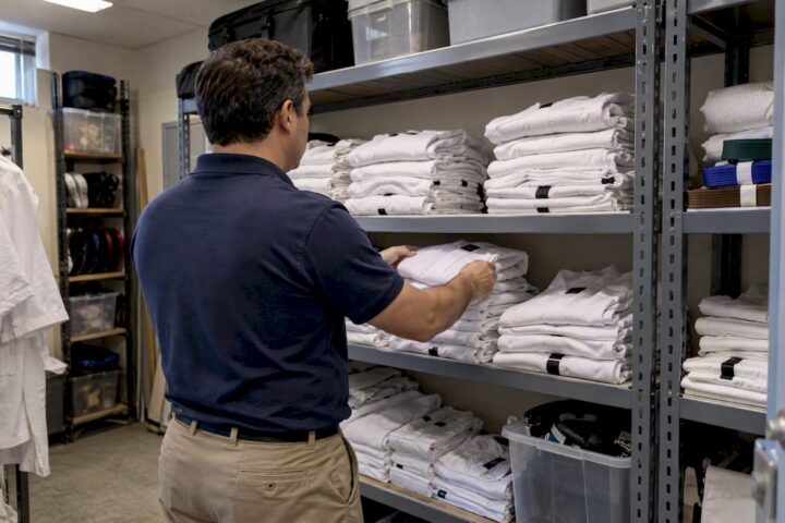 Studio manager checking martial arts uniform stock