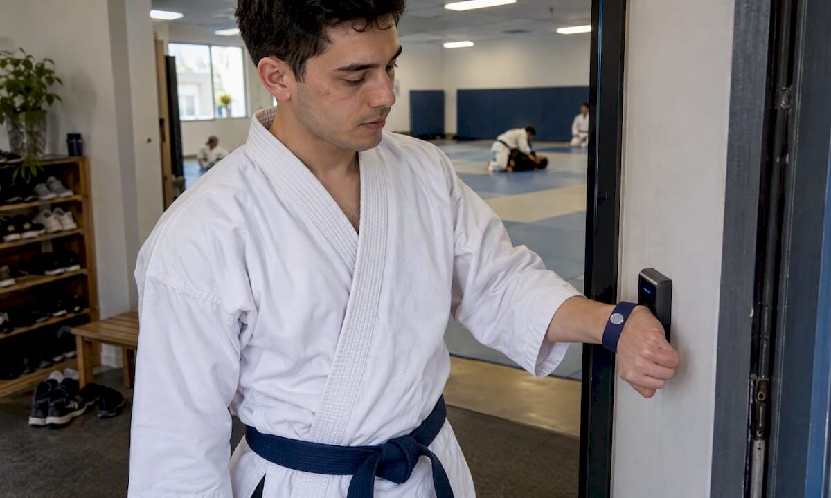 Student taps RFID wristband at dojo entrance
