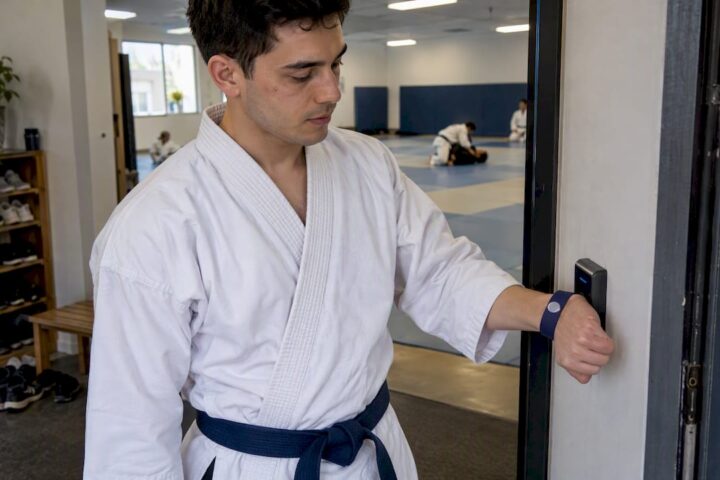 Student taps RFID wristband at dojo entrance