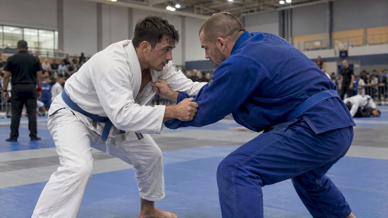 BJJ competitors grappling during a tournament match